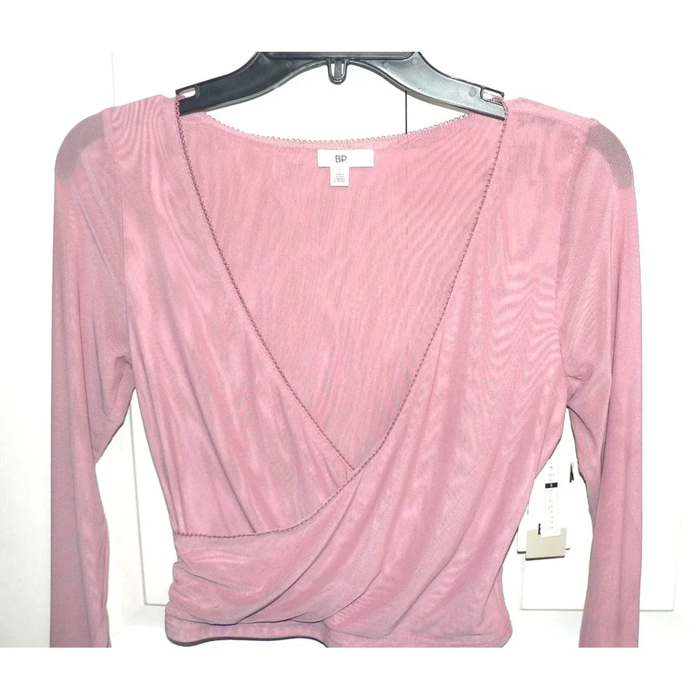 BP. Women's Long Sleeve V-Neck Faux Wrap Mesh Crop Top in Pink Nostalgia Small